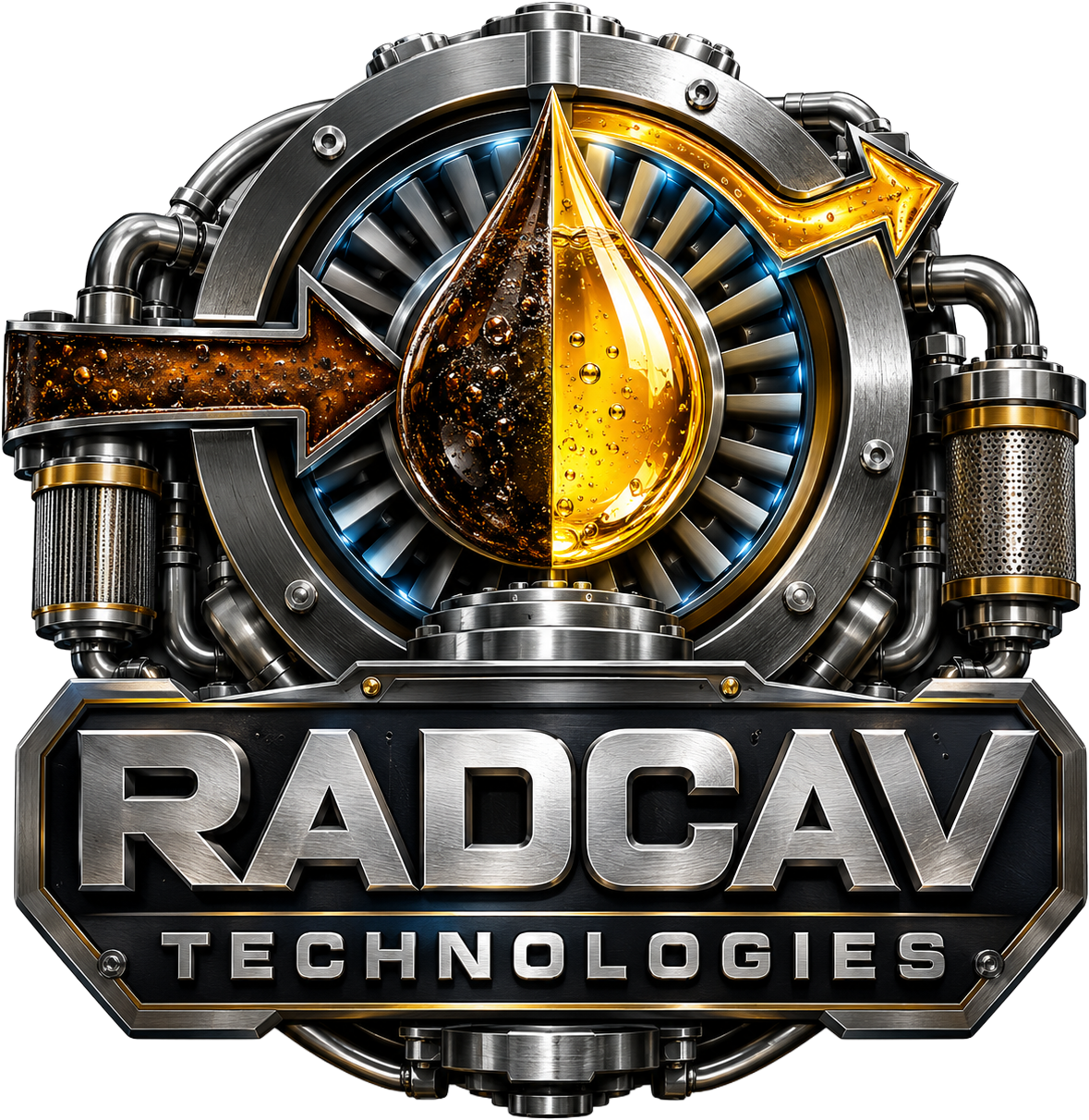 RadCav Technologies logo with a fuel droplet and filtration equipment